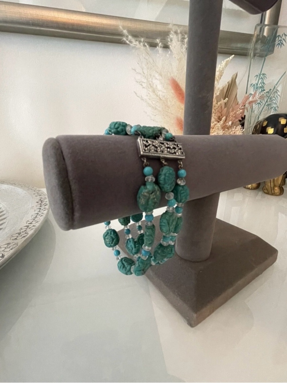Three Stand Carved And Beaded Turquoise And Sterling Silver Bracelet